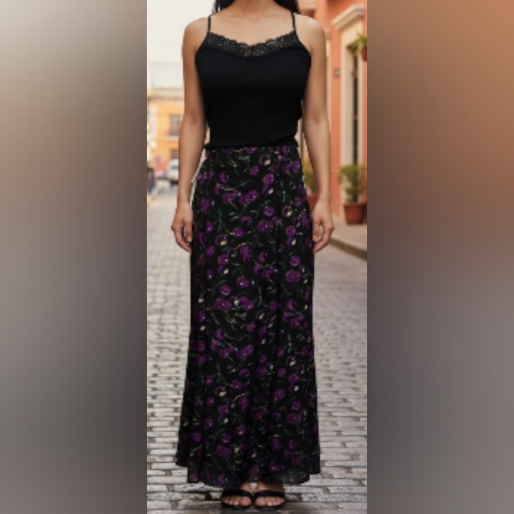 NWT~Vintage TAHARI Black Maxi Skirt With Purple Cherries